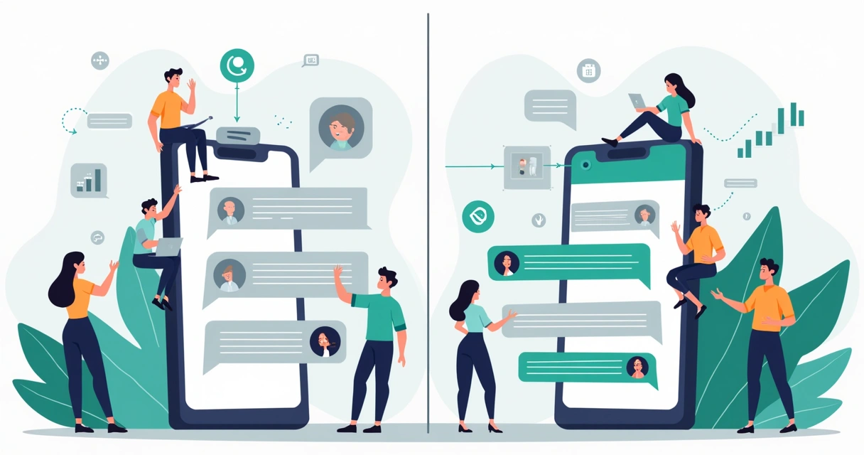 Ilustração comparando chatbot pronto e chatbot personalizado com IA no WhatsApp 