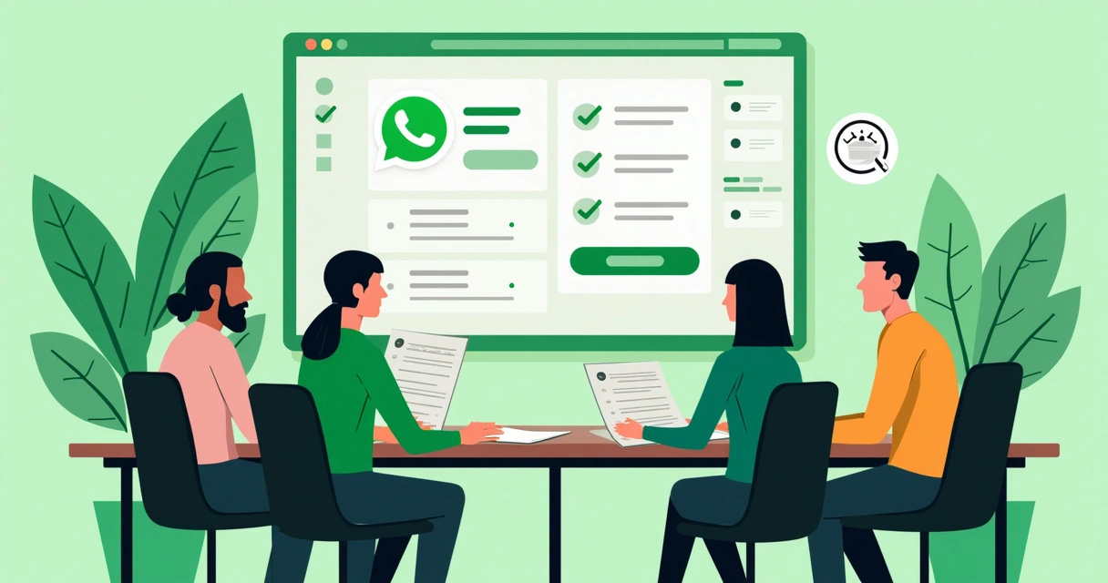 Equipe de tecnologia reunida com documentos mostrando conformidade e WhatsApp api aberto na tela 