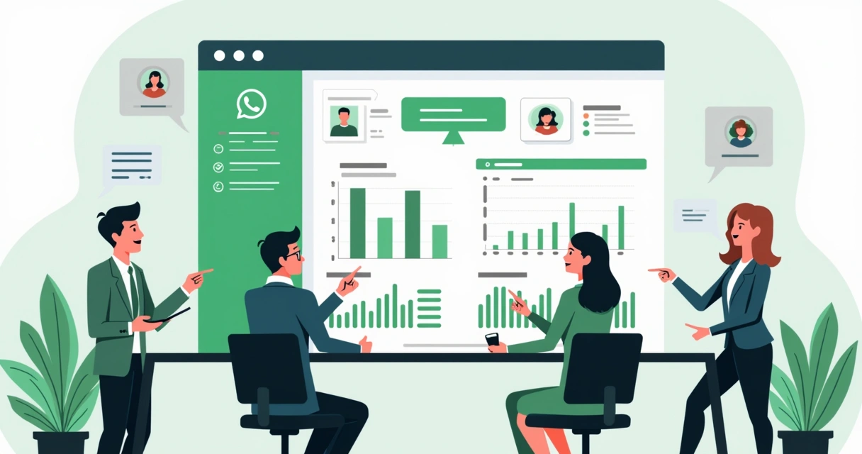 Equipe acompanhando CRM com conversas do WhatsApp em painel 