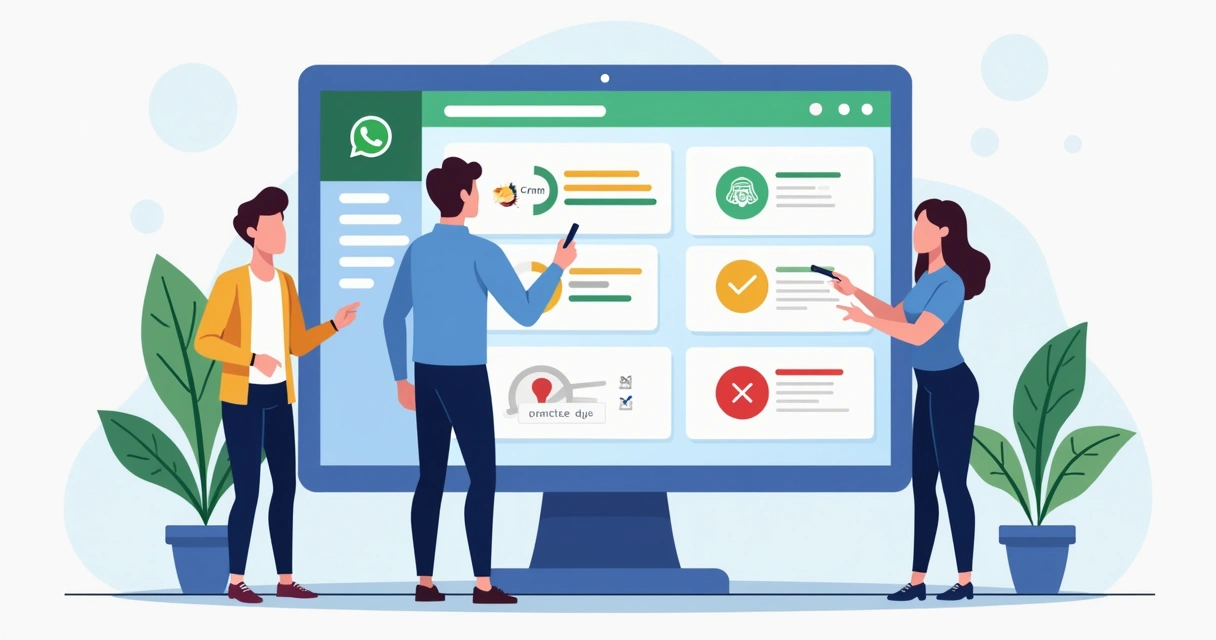CRM de WhatsApp mostrando alertas de bloqueio, equipe de atendimento analisando tela colorida com indicadores verdes e vermelhos.