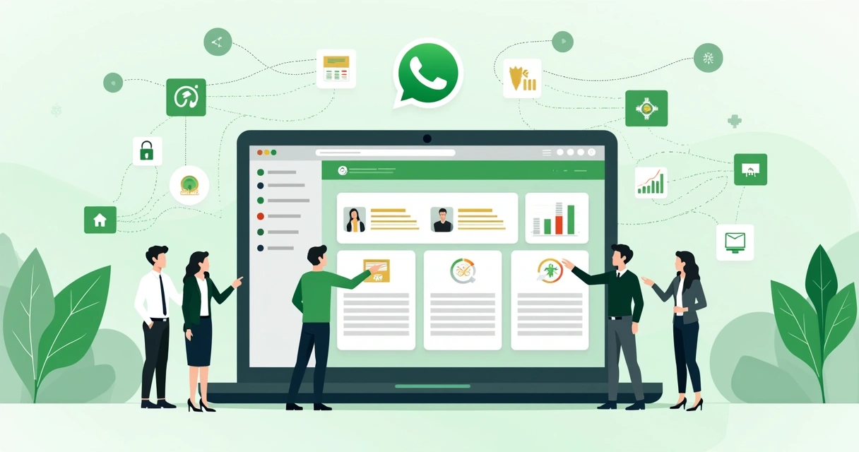 Painel com quatro ferramentas de integração API de WhatsApp conectadas a um fluxo de mensagens 