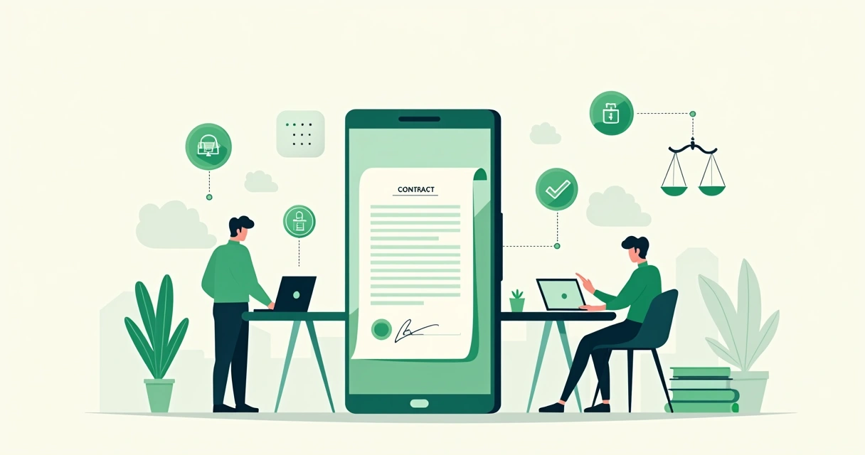 Ilustração de contrato digital sendo assinado pelo WhatsApp em cenário corporativo 