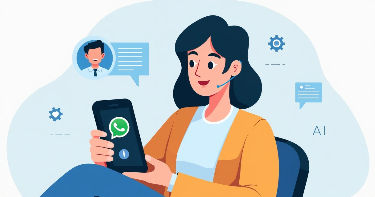 Pessoa conversando no WhatsApp com IA e atendente humano ao fundo